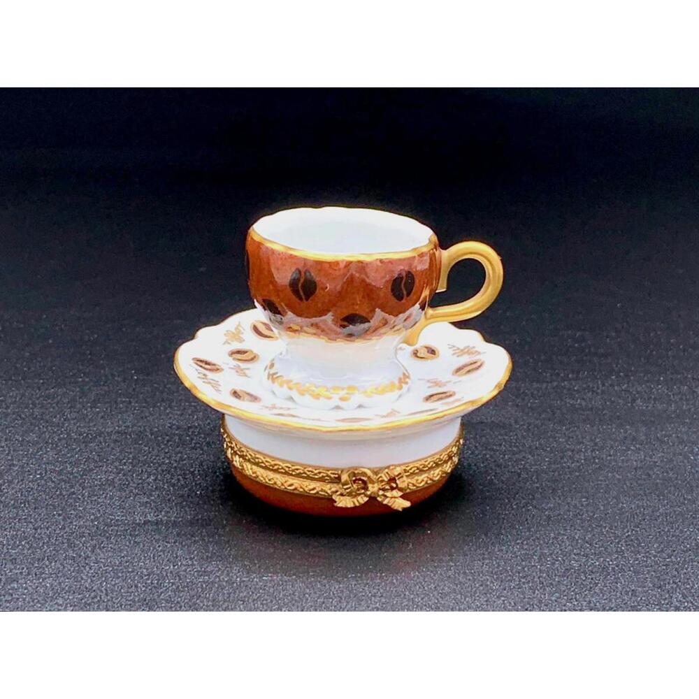 Authentic Limoges Porcelain Coffee Cup & Saucer Trinket Box Hand-Painted French